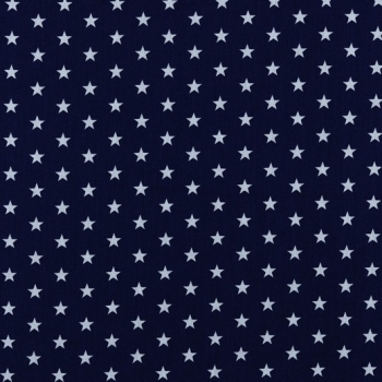 Ein schöner feiner Baumwollstoff mit mini Sternen ca. 9 mm groß. Der Untergrund ist dunkelblau und die Sterne sind in weiß.