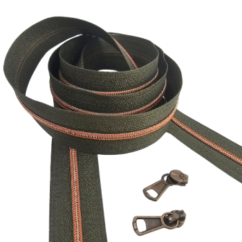 Preview: Feiner Reißverschluss Armygrün Altmessing Pfirsich