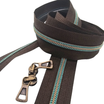 Preview: Reißverschluss Dunkelbraun Altmessing Petrol