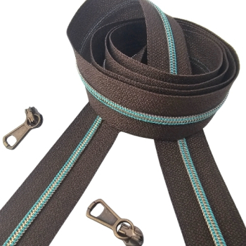 Preview: Feiner Reißverschluss Dunkelbraun Altmessing Petrol