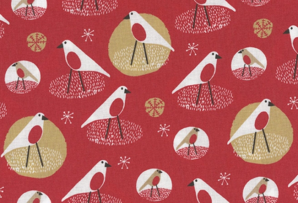 Ein wunderbarer Baumwollstoff in der typischen Qualität von Westfalenstoff. Vögel  bei Schneefall auf rotem Untergrund.