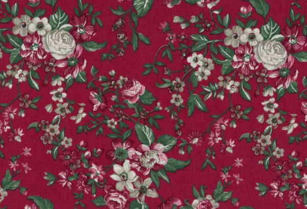 Ein wunderbarer Baumwollstoff in der typischen Qualität von Westfalenstoff. Romantische Rosen in rot grün und beige ist auf weinroter Baumwolle gedruckt.