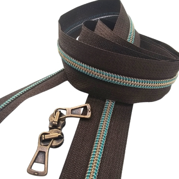 Reißverschluss Dunkelbraun Altmessing Petrol